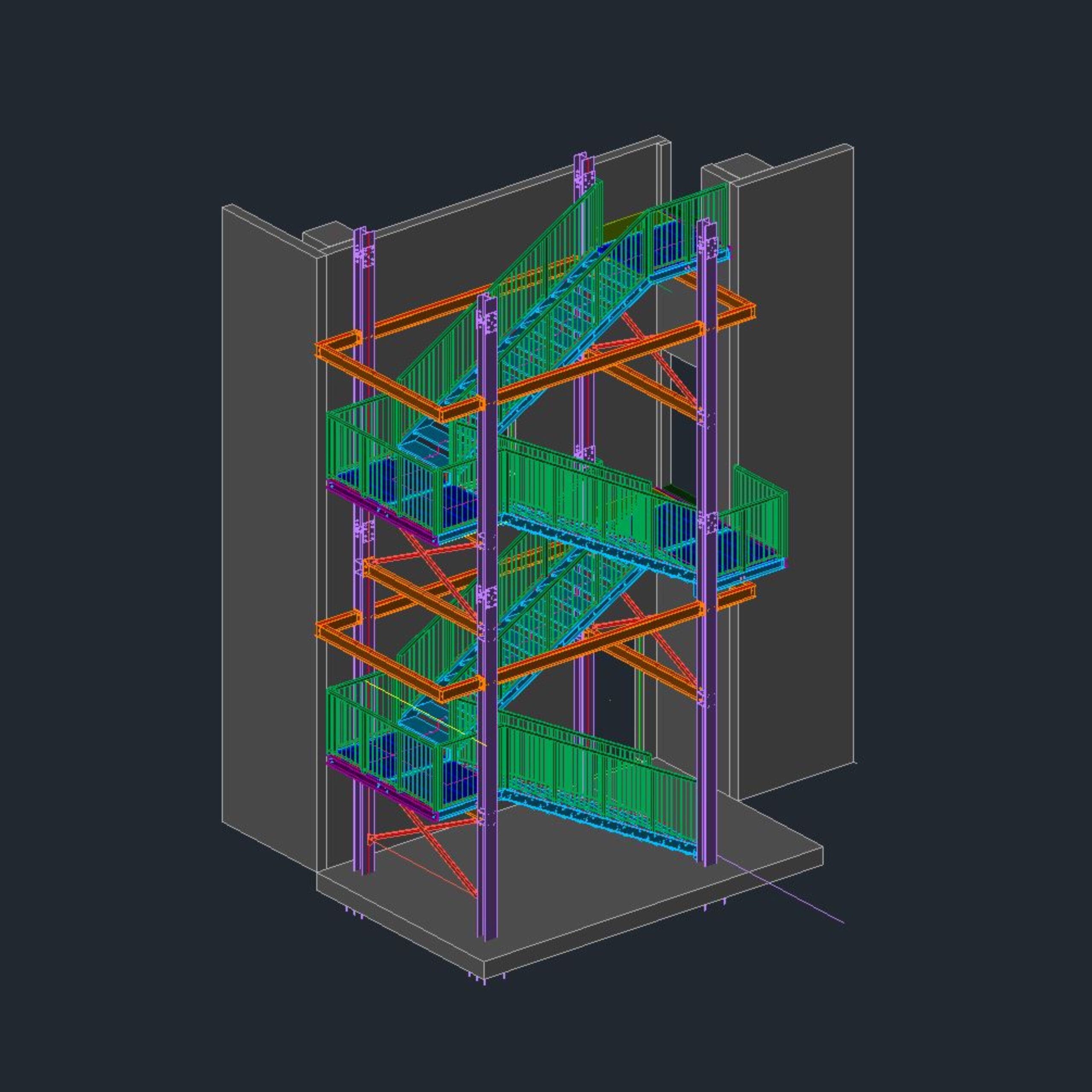 Progetto CAD di una scala per esterno: design moderno e funzionalità integrati per un'architettura all'avanguardia e sicura.